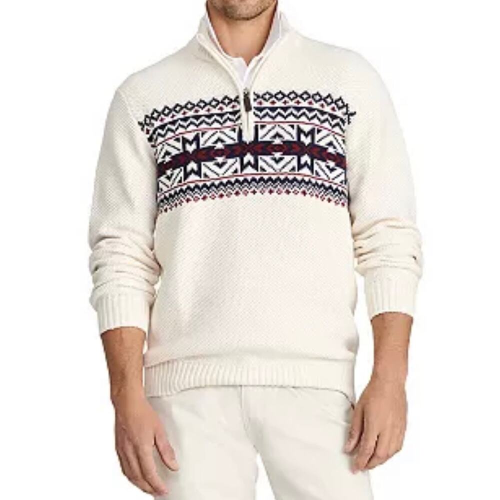 Izod White Patterned Quarter Zip Argyle Knit Sweater Christmas Holiday XXL